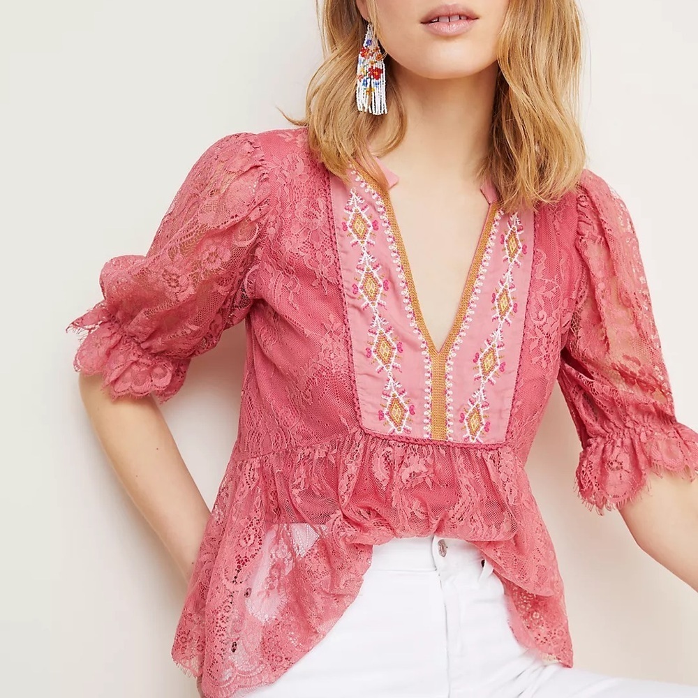 Anthropologie Bl^nk London Pink Embroidered Kiyana Lace Top